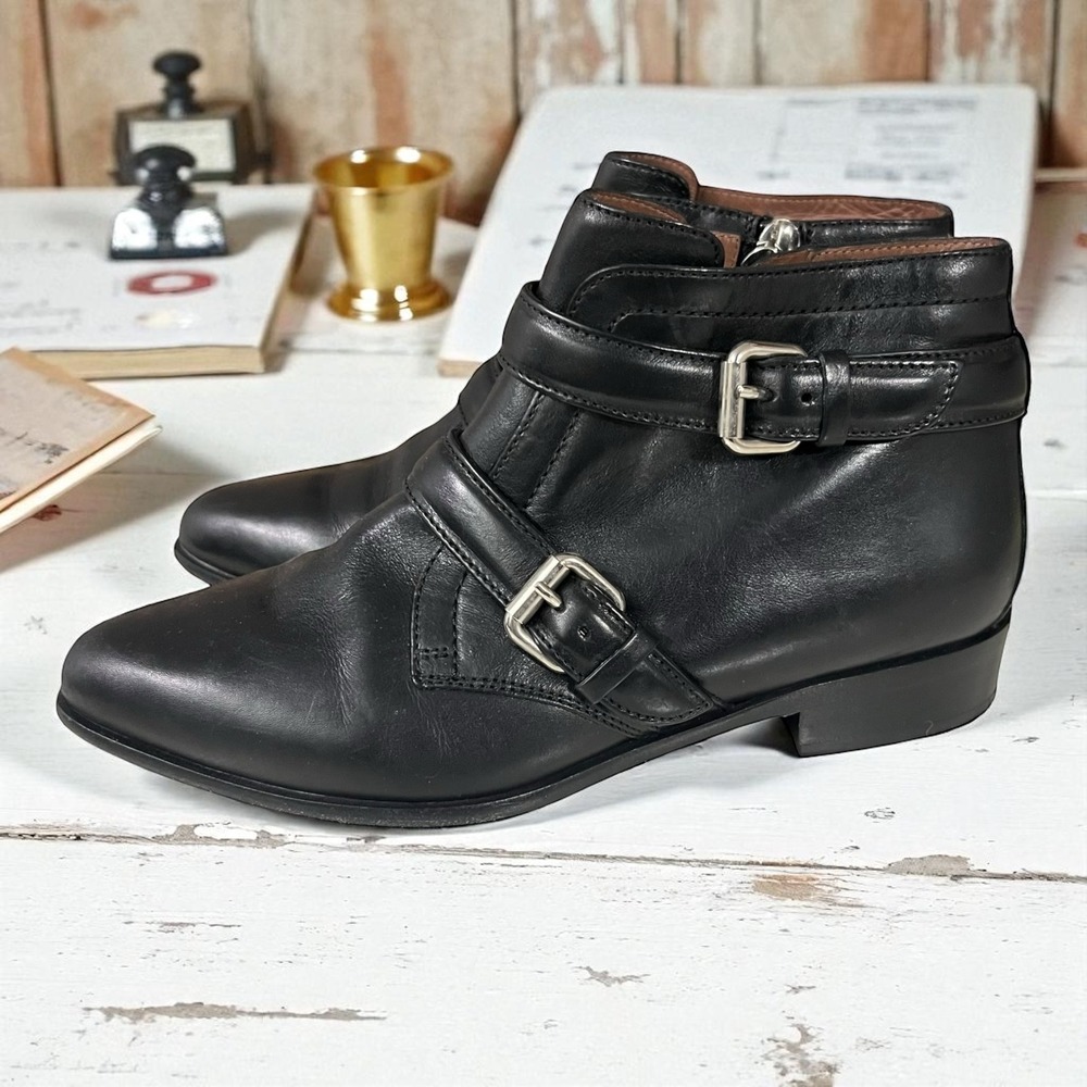 Tabitha Simmons Black Leather Double Buckle Ankle‎ Boots Size 5.5 Italian Moto
